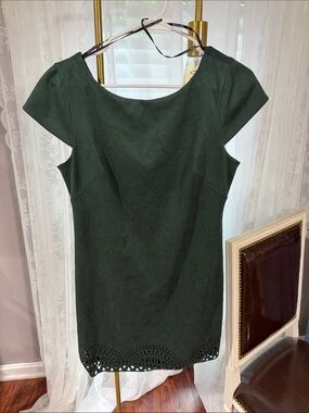 Vince Camuto Dark Green Cap-Sleeve Mini Dress with Laser-Cut Hem